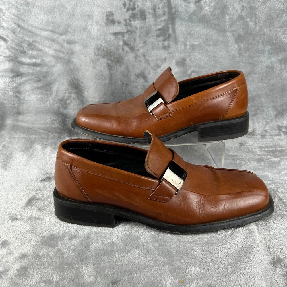 Kenneth Cole New York Mens Leather Loafers Cognac Brown Square Toe Size 11
